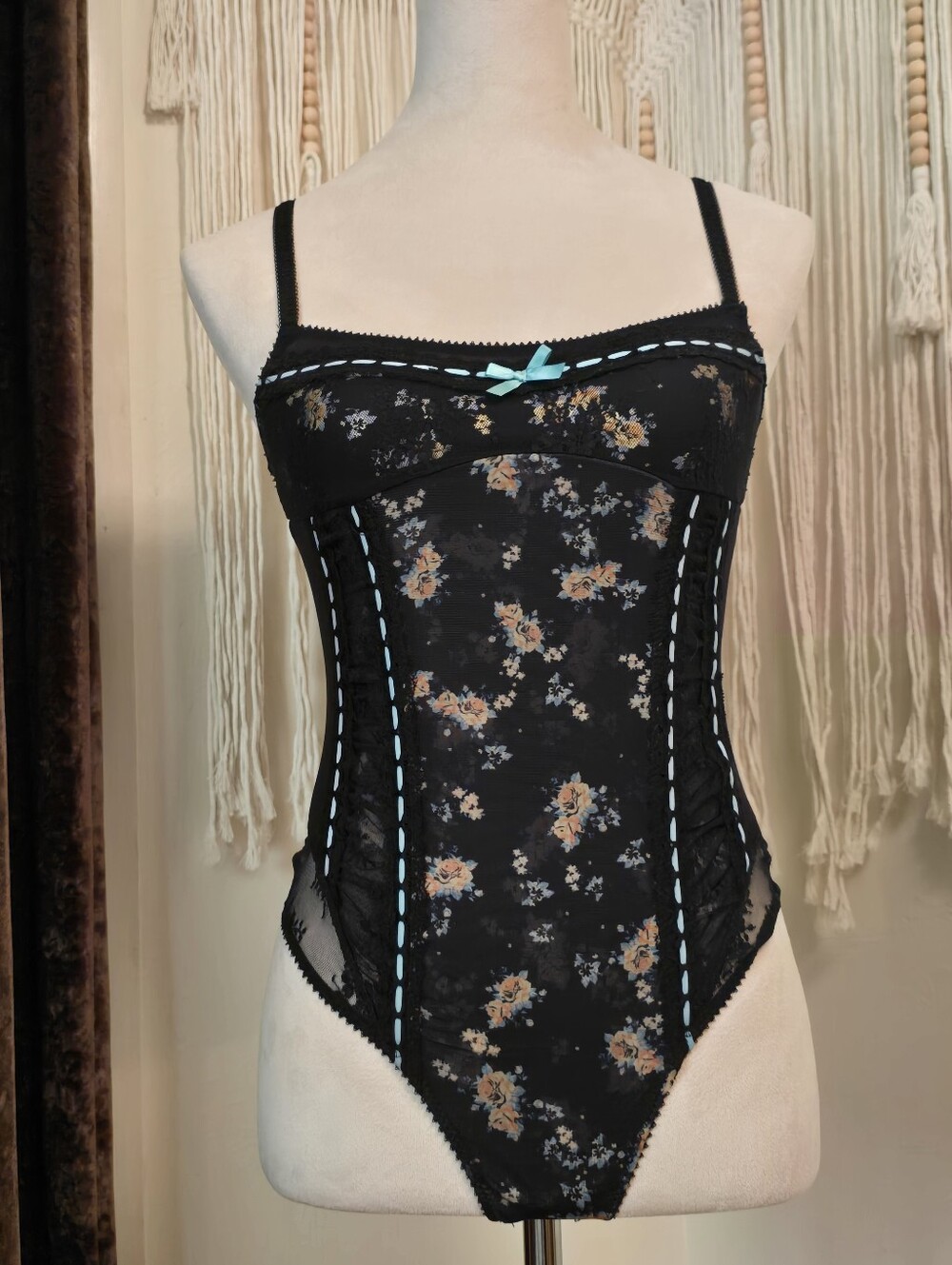 Free People Black Floral Lace Bodysuit with Teal Bow